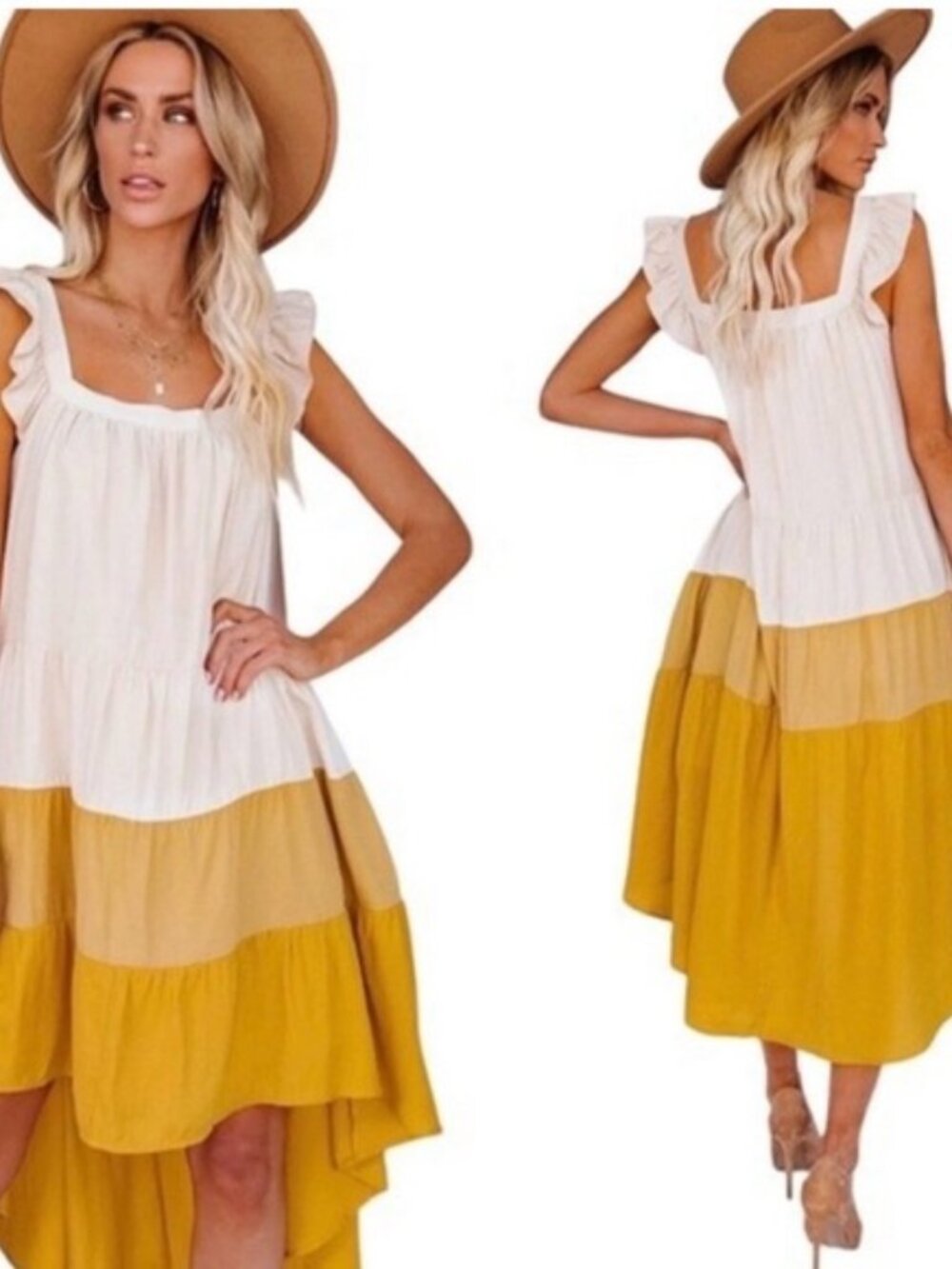 Moodie Yellow & Cream Rayon Blend Tiered Color Block Hi‎ Lo Dress Sz XS